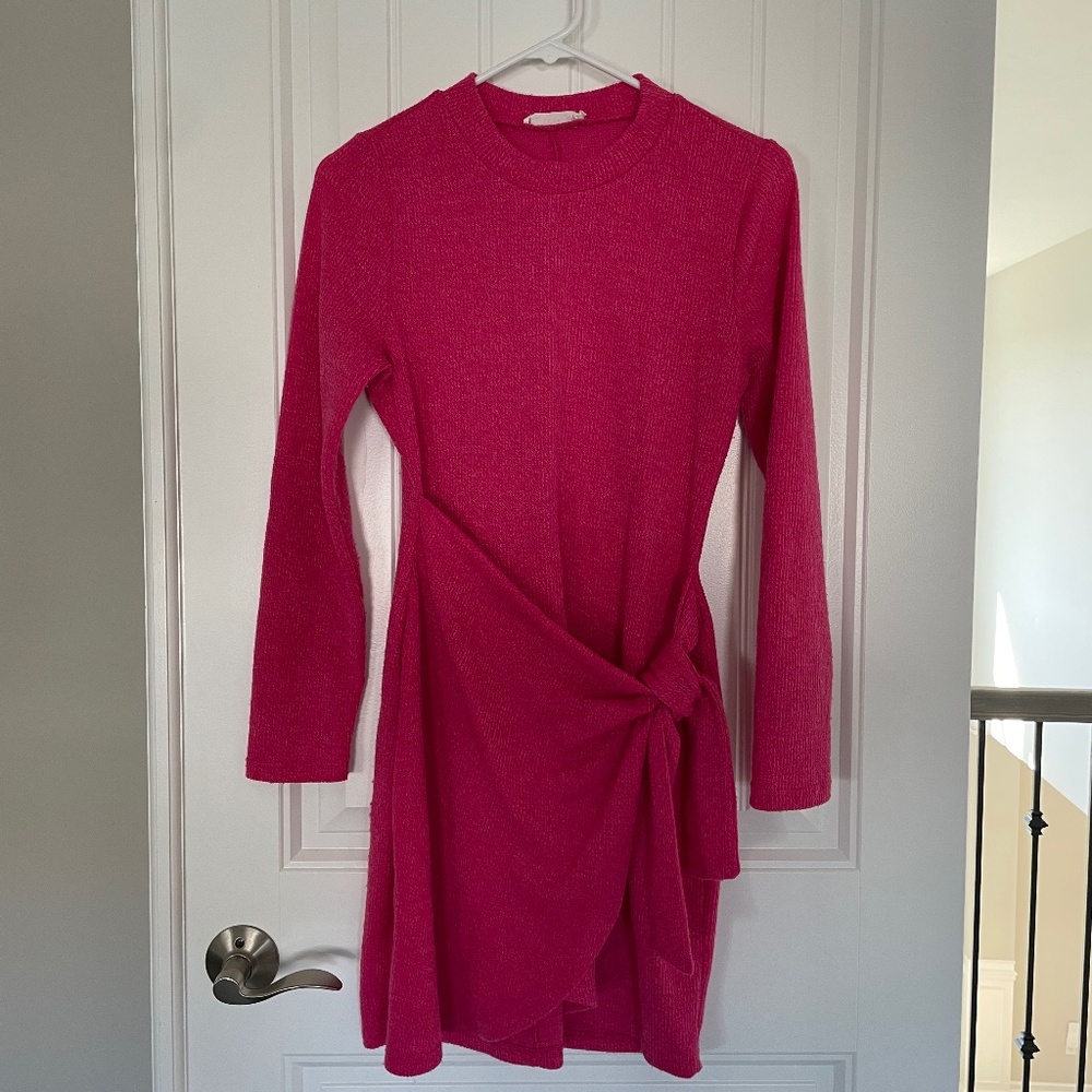 Fuschia Faux Wrap Sweater Dress